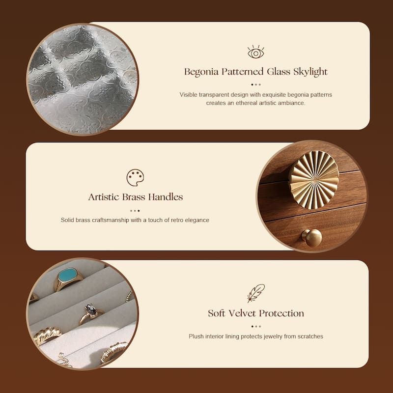 Walnut Color Pull-Out with Brass Handles and Glass Skylight 3-Tiered Jewelry Box - 10.24