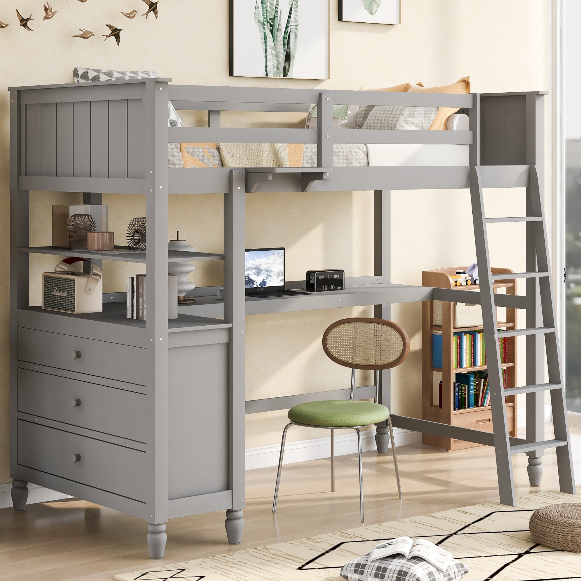 Wooden Loft Bed with Drawers, Desk and Shelves