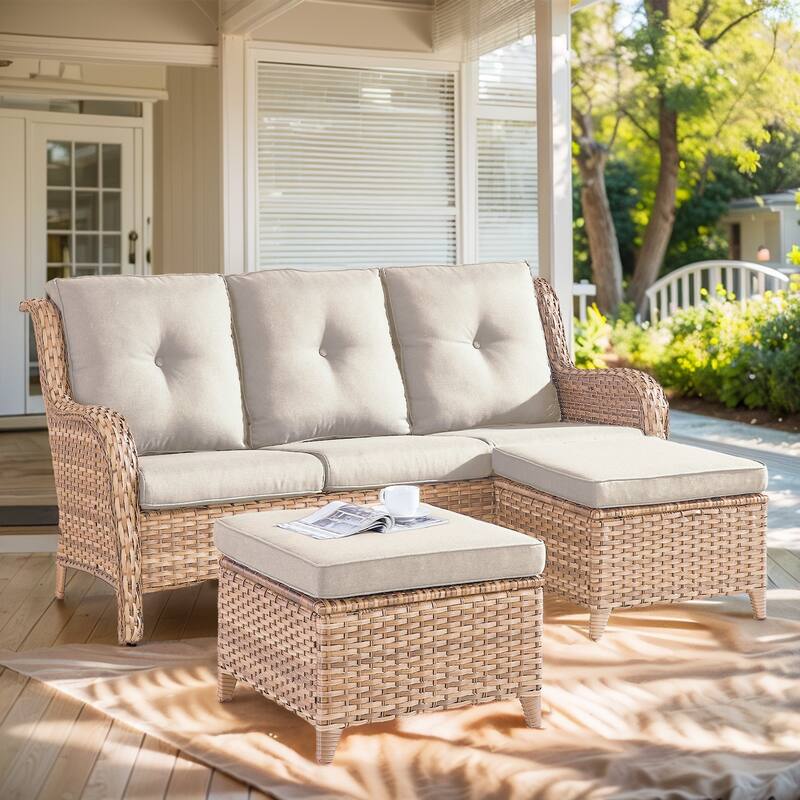 Outdoor 3-Piece Sofa with Ottomans Yellow-Beige - Yellow - Yellow - Beige