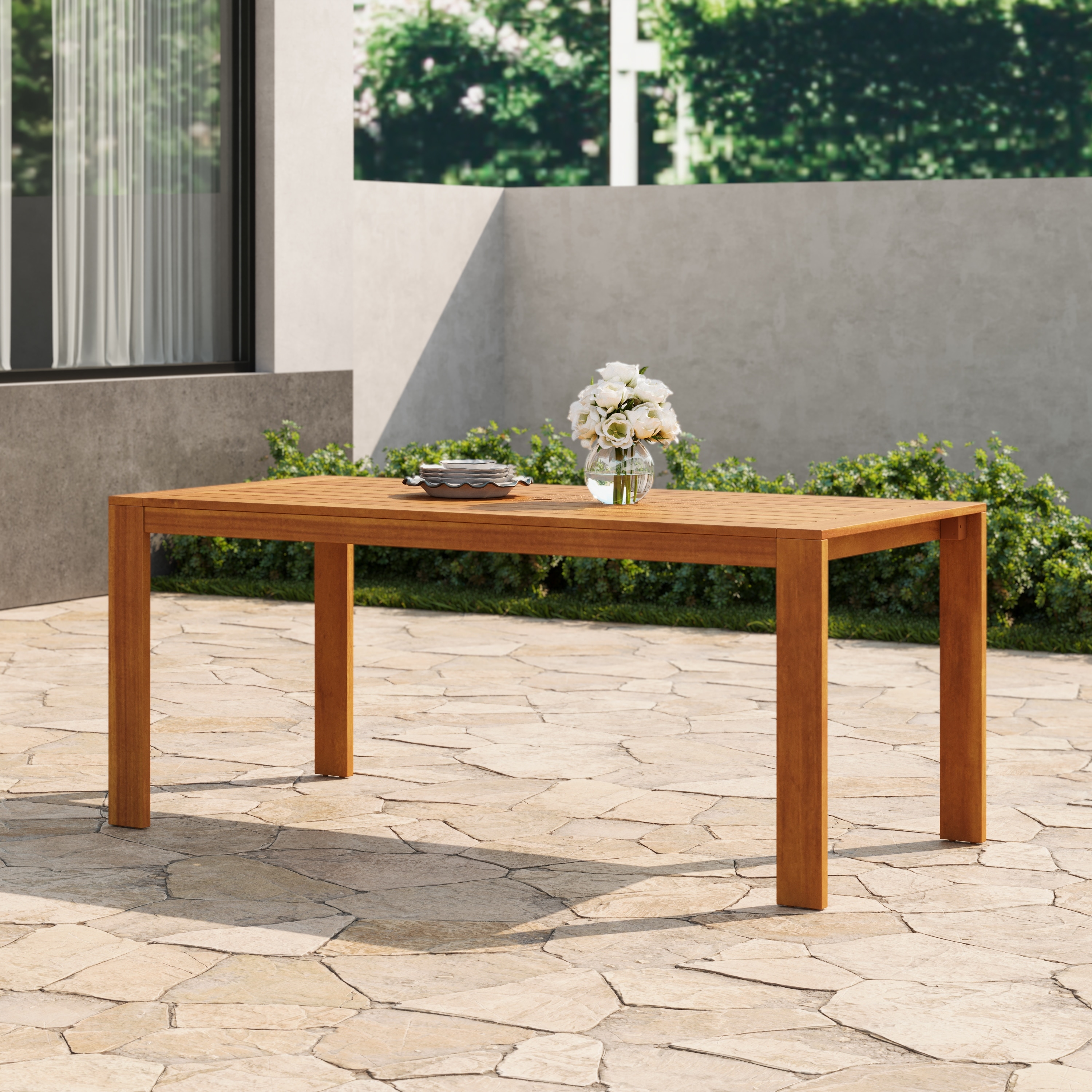 Christopher Knight Home - Teak Wooden Outdoor Dining Table with Slatted Water-Draining Top
