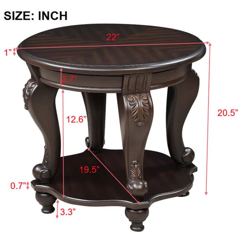 American Style Table Sets of 3, Coffee Table & End Tables Set with Beautiful Floral Carvings, Lower Shelf and Antiqued Finish