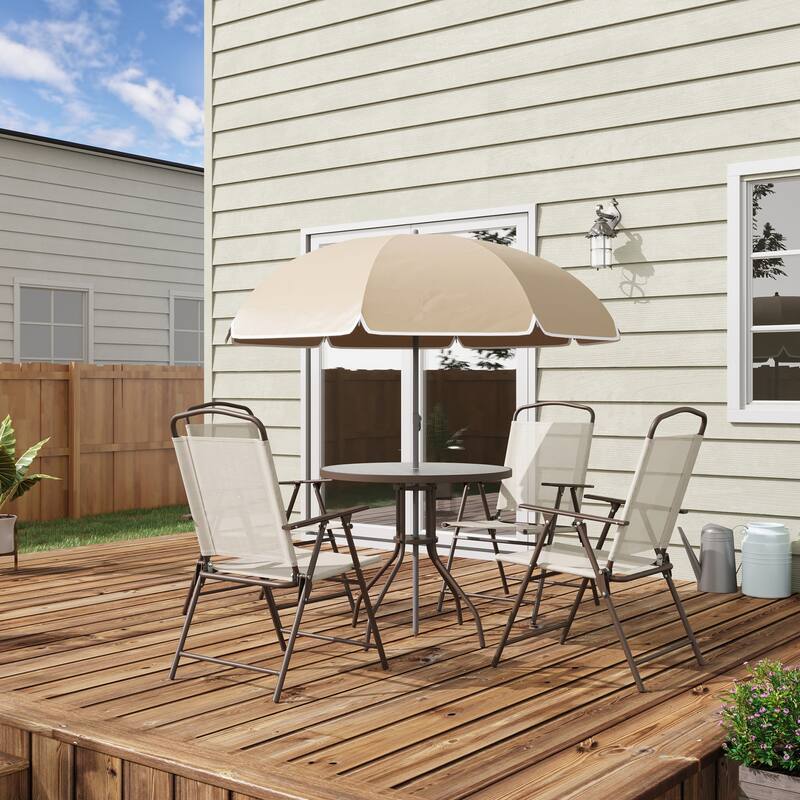 6 Piece Patio Dining Set, Dining Table with Umbrella, Garden Outdoor Table Chairs with Glass Table and 4 Folding Chairs