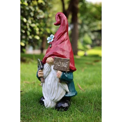 Gnome with Sign Outdoor Garden Statue - 14"
