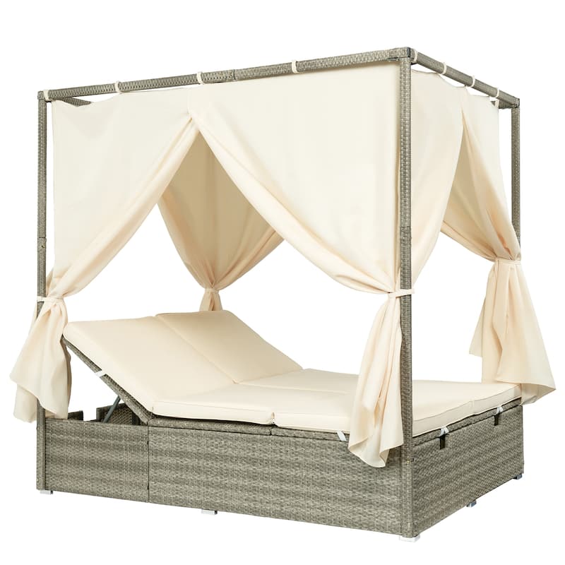 Outdoor Patio Rattan Canopy Daybed Sunbed with Curtain and Adjustable Seat