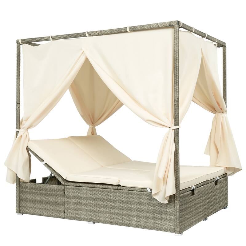 Outdoor Rattan Canopy Daybed Sunbed with Curtain & Adjustable Seat