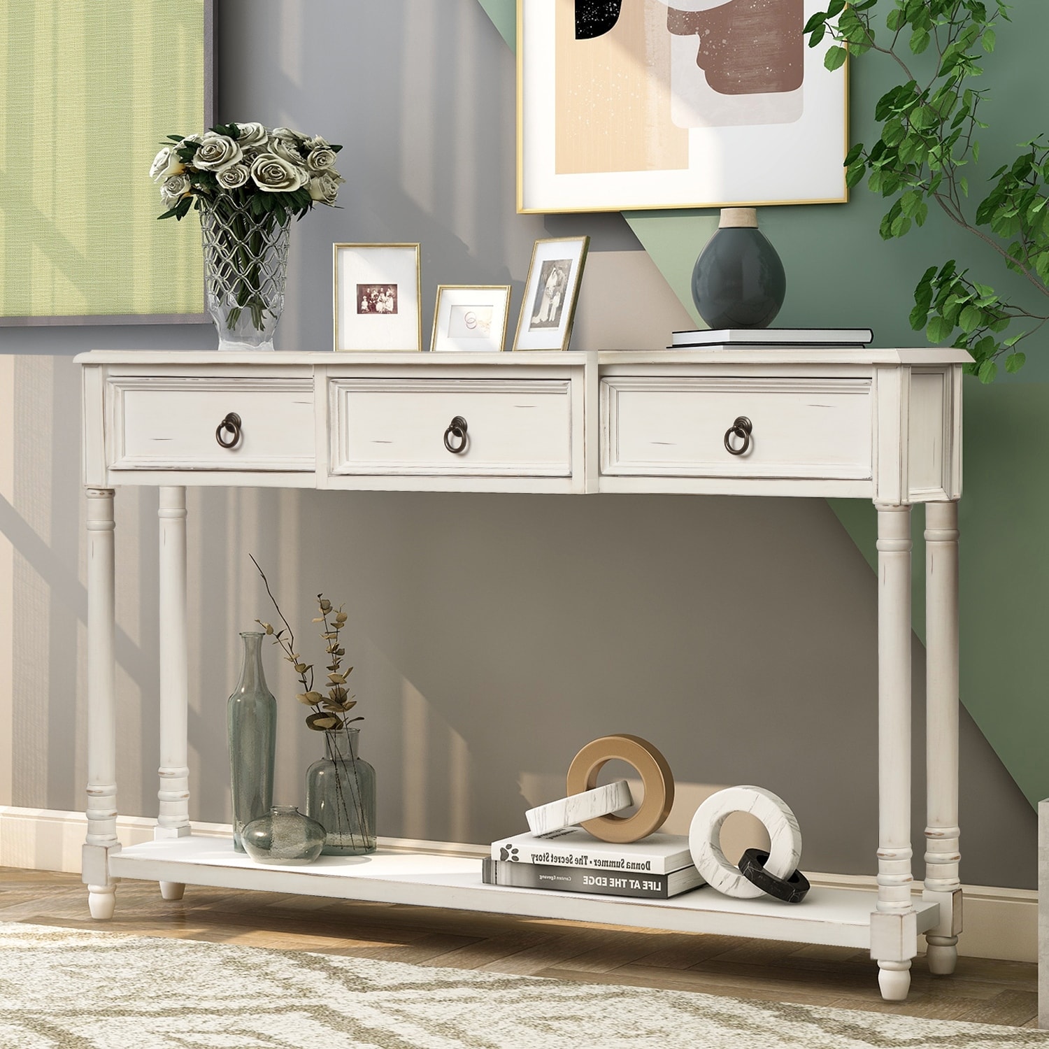 Console Table with 3 Drawers Sofa Table Side Tables and Plant