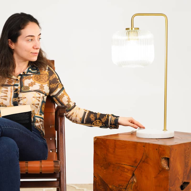 Haven Clear Glass Table Lamp with Gold Brush Metal and Marble Base, Button Control, 23-Inch Height