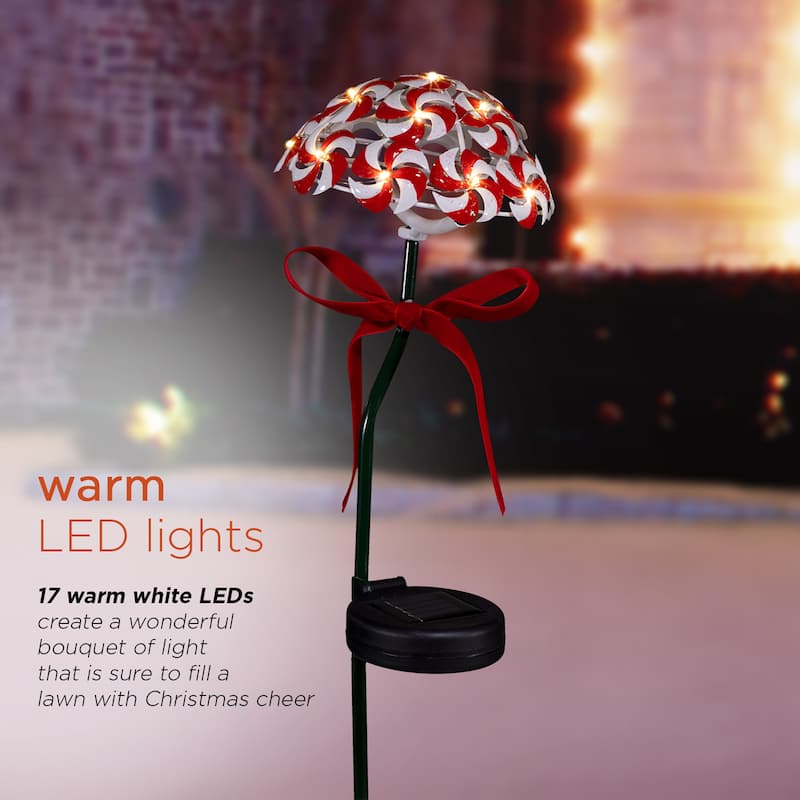 Alpine Corporation 20"H Outdoor Christmas Solar Candy Cane Lawn Stakes with LED Lights, Red/White (Set of 2) - Red