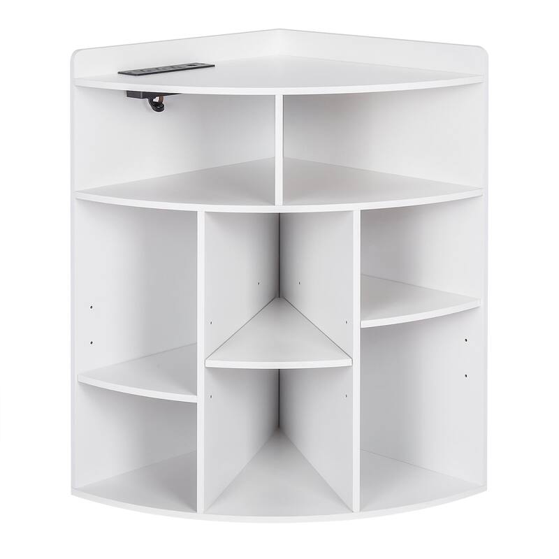 VECELO 4-Tier Adjustable Corner Bookshelf with Charging Station 3 AC Outlets & 2 USB Ports Waterproof Eco-Friendly Design