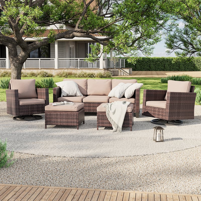 LIVOOSUN 5Pcs Patio Brown Rattan Outdoor Furniture Swivel Rocking Sofa Set - Sand