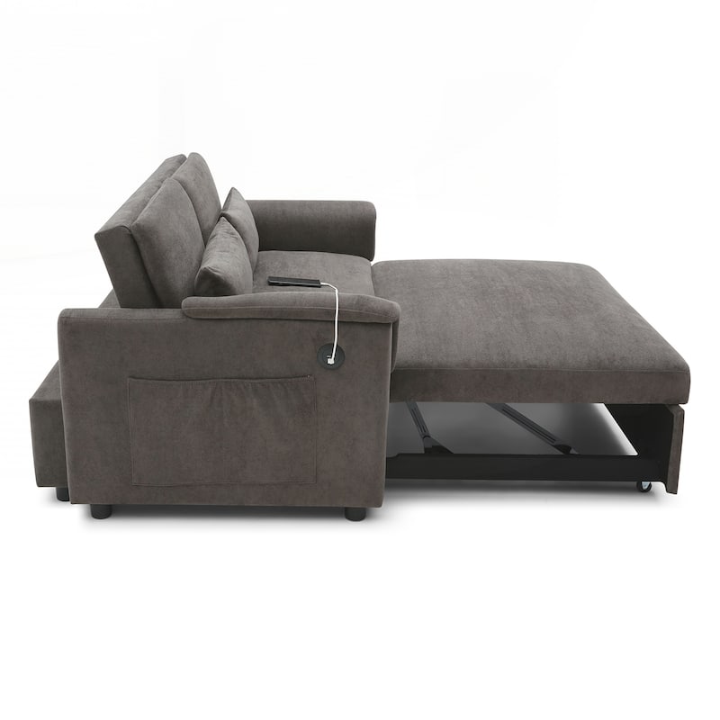 55" Velvet Two Seater Pull Out Sofa Bed, Adjustable Backrest With USB Ports, Two Side Pockets