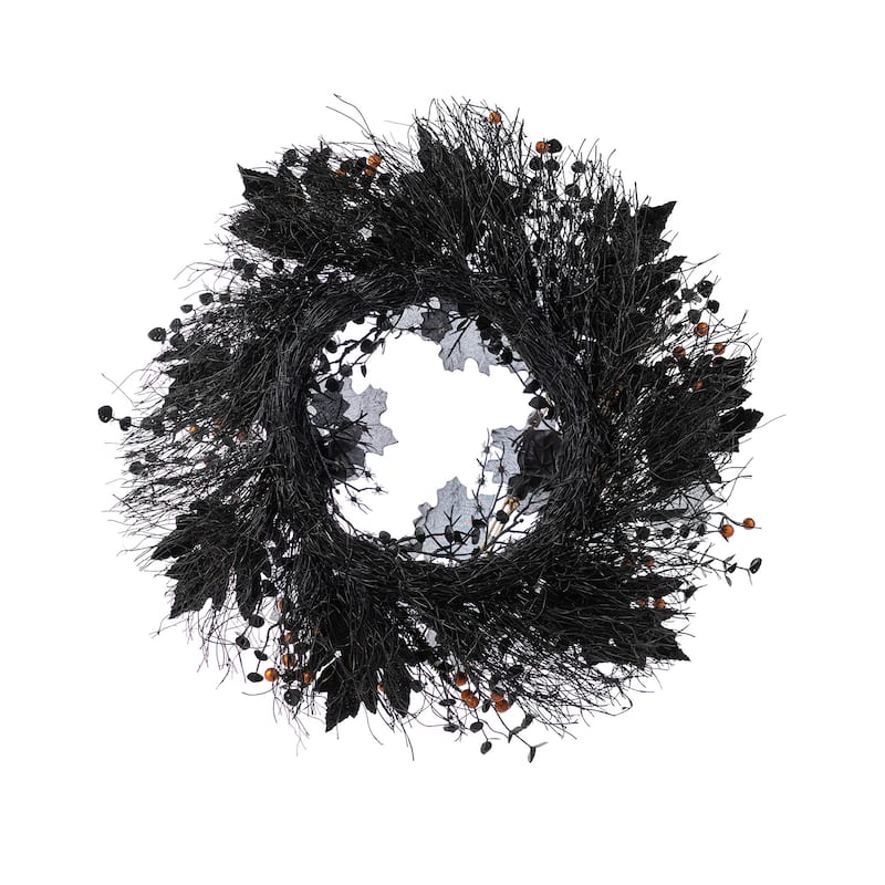 Glitzhome Halloween Black Rose Skeleton & Berry Wreath or Swag with Metal Wreath Hanger