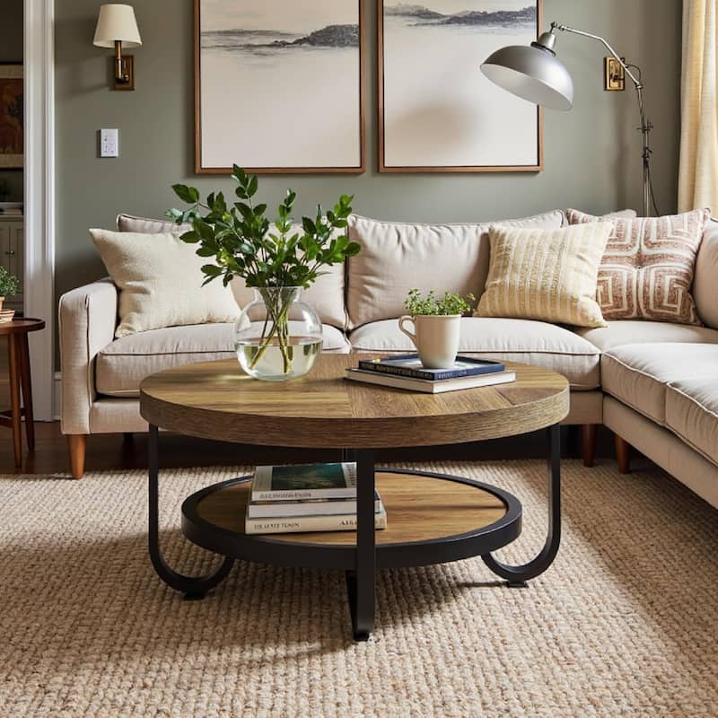 2-Tier Industrial Center Table for Living Room, 31.1 Inches Brown MDF Round Coffee Table - Brown