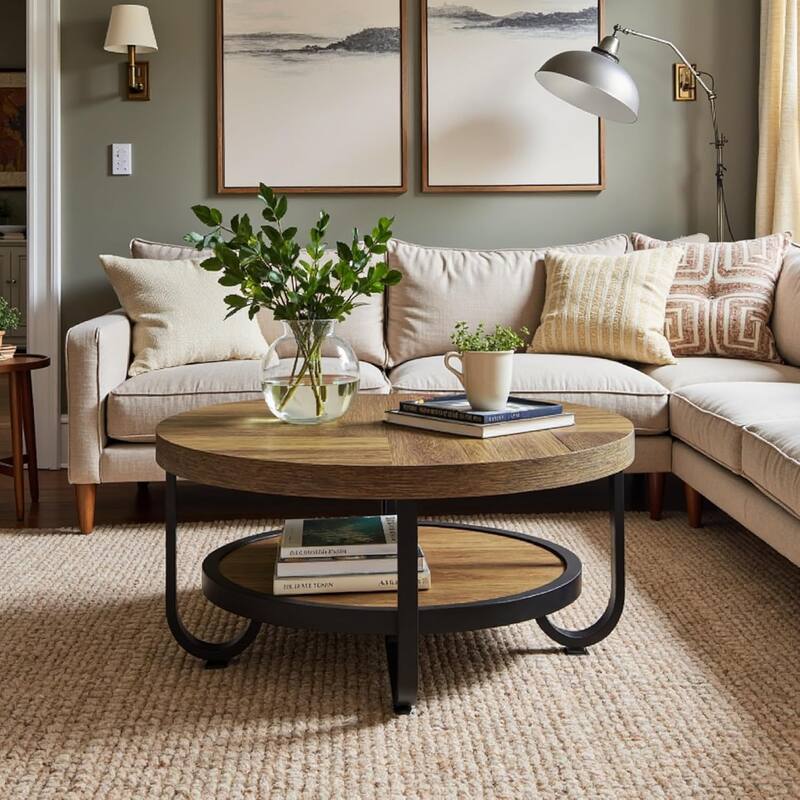 31.1" Brown MDF Industrial Coffee Table, 2-Tier Round Cocktail Tea Table with Metal Legs for Living Room, Receptionist Room
