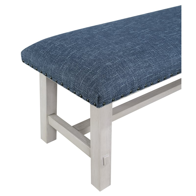 OS Home and Office Furniture Callen Bench with White Wash Frame and Antique Bronze Nailhead Trim in Navy Fabric