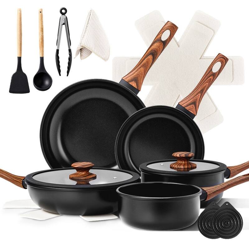17 Pcs Nonstick Pots And Pans Set Cast Aluminum Cookware Set - Black
