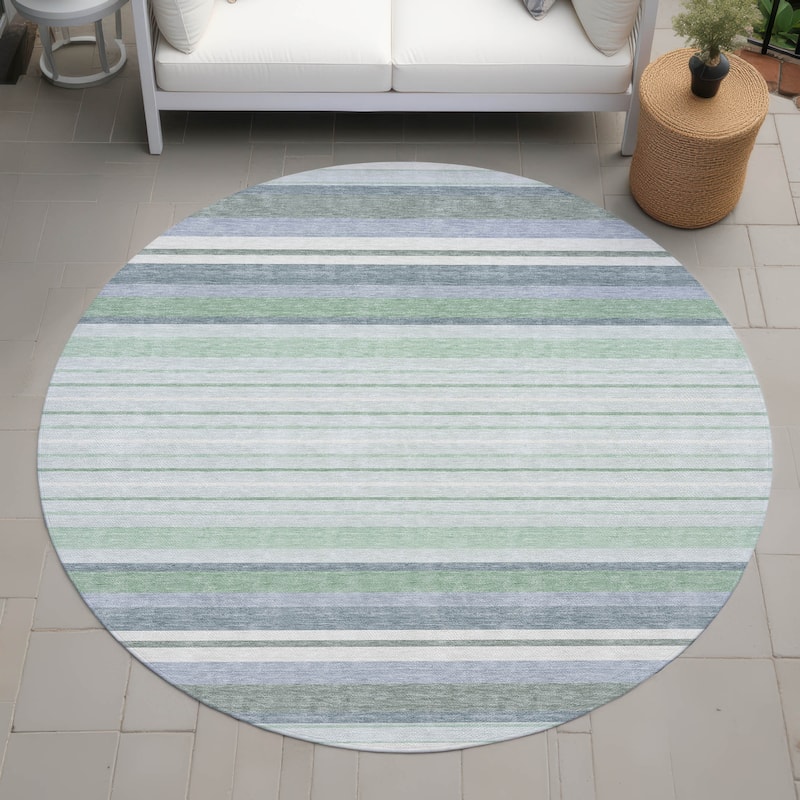 Machine Washable Indoor/ Outdoor Modern Stripes Chantille Rug - Mint - 8' x 8'