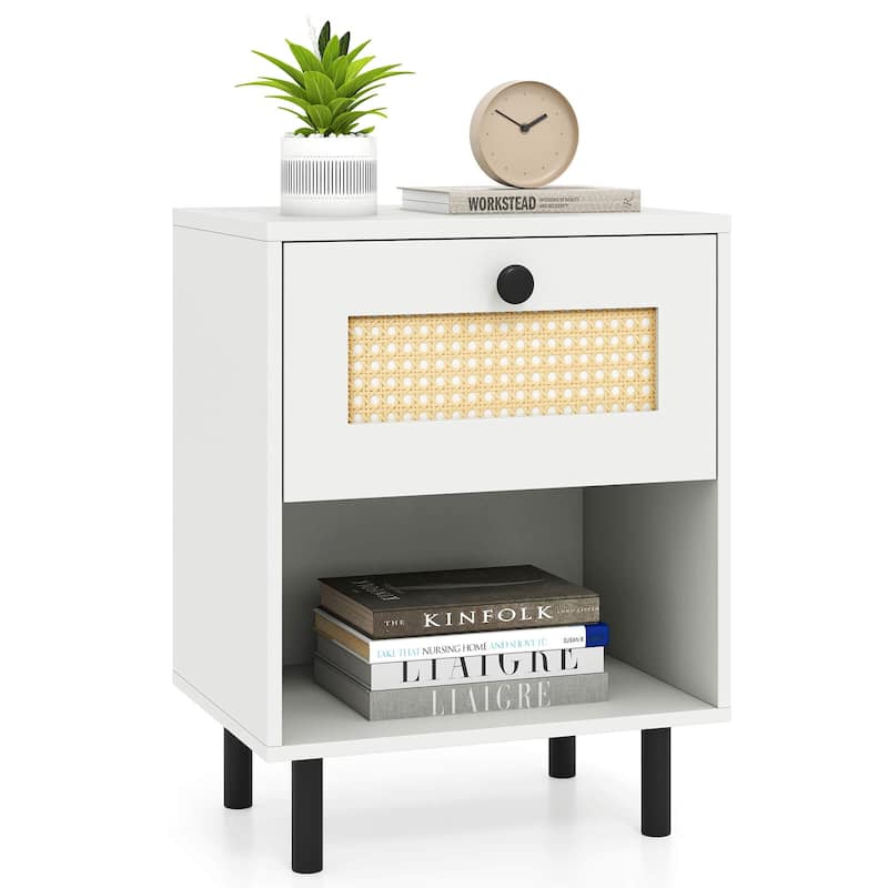 Costway 1/2 PCS Rattan Nightstand Boho End Table with Drawer & Open - See Details - White-1 PCS