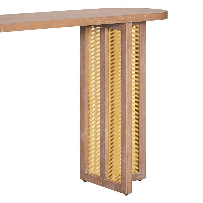 Boho Rattan Console Table Oval Entryway Table, Rubber Solid Wood Frame Sofa Table Display Table Hallway Table for Living Room