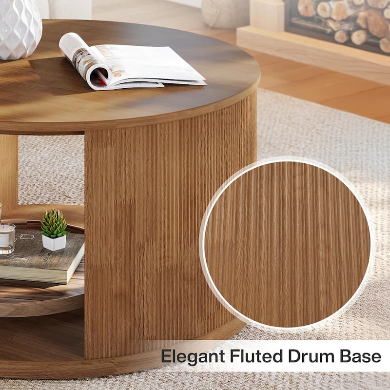31.5" Walnut Round Coffee Table Center Table with Fluted Drum Base - 31.5"W x 31.5"D x 17.7"H