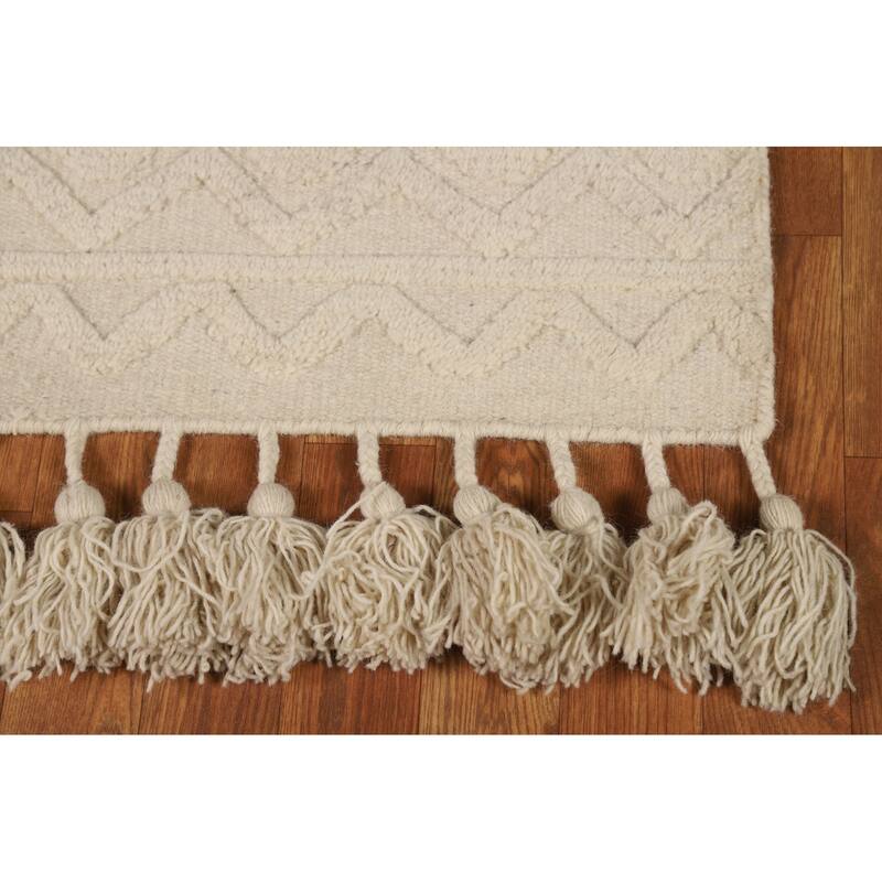 Geometric Ivory Moroccan Oriental Foyer Rug Hand-Knotted Wool Carpet - 2'0"x 3'0"