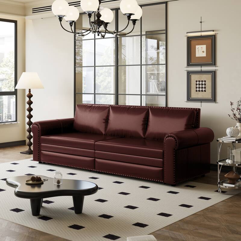 Chesterfield Sofa, 93.7" Faux Leather Convertible Sleeper Sofa Bed, Vintage 3-in-1 Pull Out Couch w/ Nailhead Trim & Rolled Arms - Burgundy