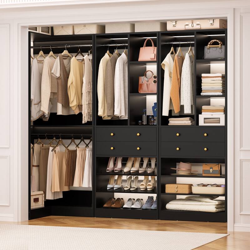 Set of 2/ 3 Coner Closet System with Shoe Racks and Drawers, Freestanding Closet Organizer with Hanging Rods and Shelves