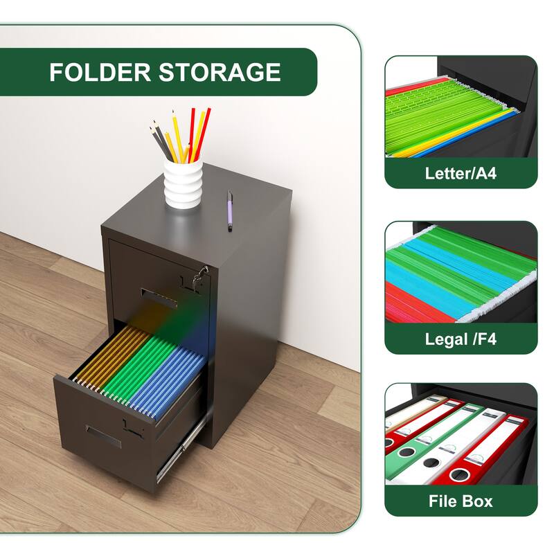 Modern Narrow Vertical Filing Cabinet with 2 Drawers Anti-Tilt Device, Locks and Card Slots, for Home Office