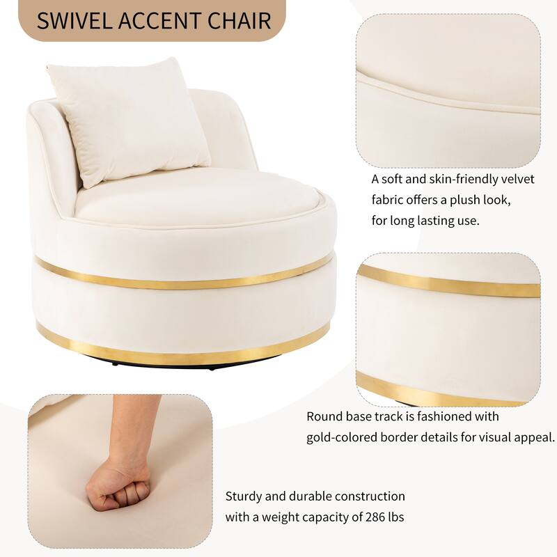 360° Swivel Accent Chair, Velvet Round Barrel Chair, Leisure Sofa Chair with Gold Rim Base, Padded Seat & Throw Pillows