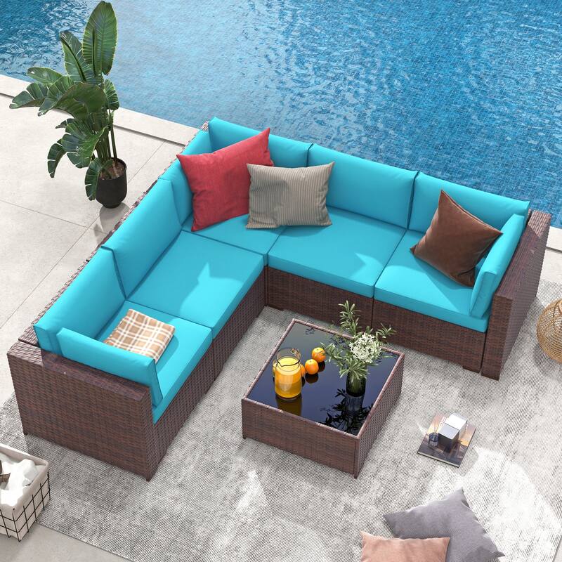 6-Piece Outdoor Wicker Sectional Sofa Set with Cushions - Blue
