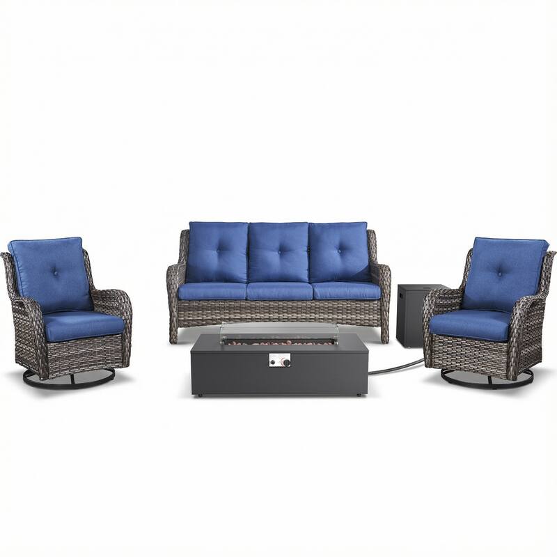 Pocassy Patio 5/7 Piece Sofa Swivel Chair Ottoman with Fire Pit Table