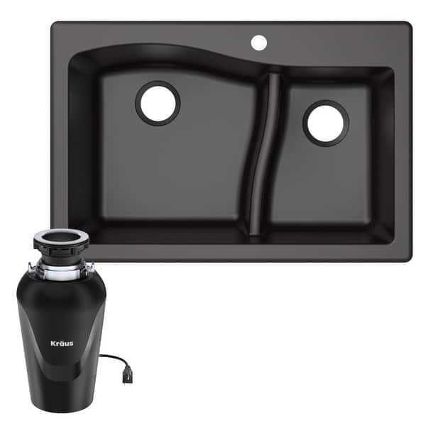 slide 26 of 40, KRAUS Quarza Granite 33 inch 60/40 Undermount Drop-in Kitchen Sink 33" L x 22" W (sink KGD-442BLACK) w/ KWD100-75MB - Black Sink with Black Garbage Disposal