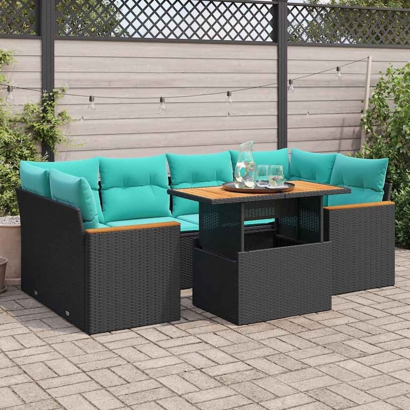 vidaXL Patio Sofa Set with Cushions Outdoor Furniture 7 Piece Poly Rattan - Black-with storage - 21.7 x 24.4 x 27.2