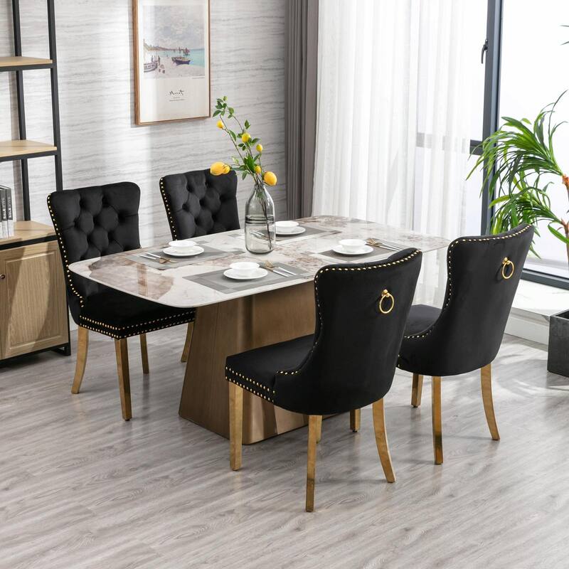 Tufted Velvet Dining Chairs - Solid Wood - Golden Stainless Steel Legs - Nailhead Trim - Set of 2