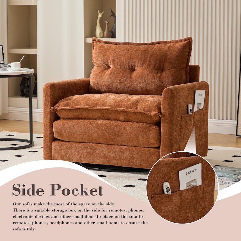 HOMEFUN Chenille Upholstered 360°Degree Swivel Mid Century Modern Arm Chair with Side Pocket for Living Room