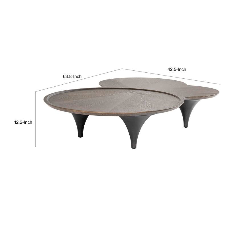 64 Inch Coffee Table, Free Form Irregular Top, Modern Dark Ash Brown