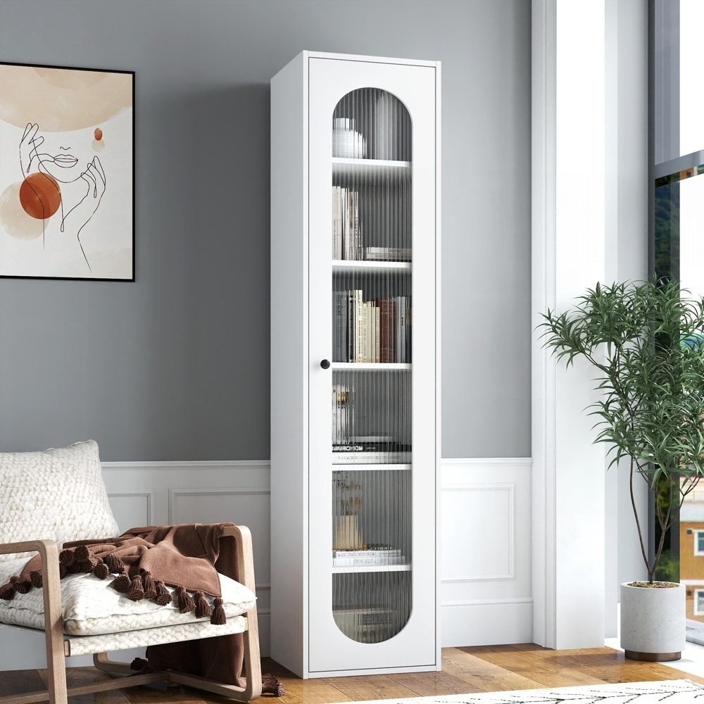 Tall Display cabinet with 6 Storage Shelving and 1 Glass Door