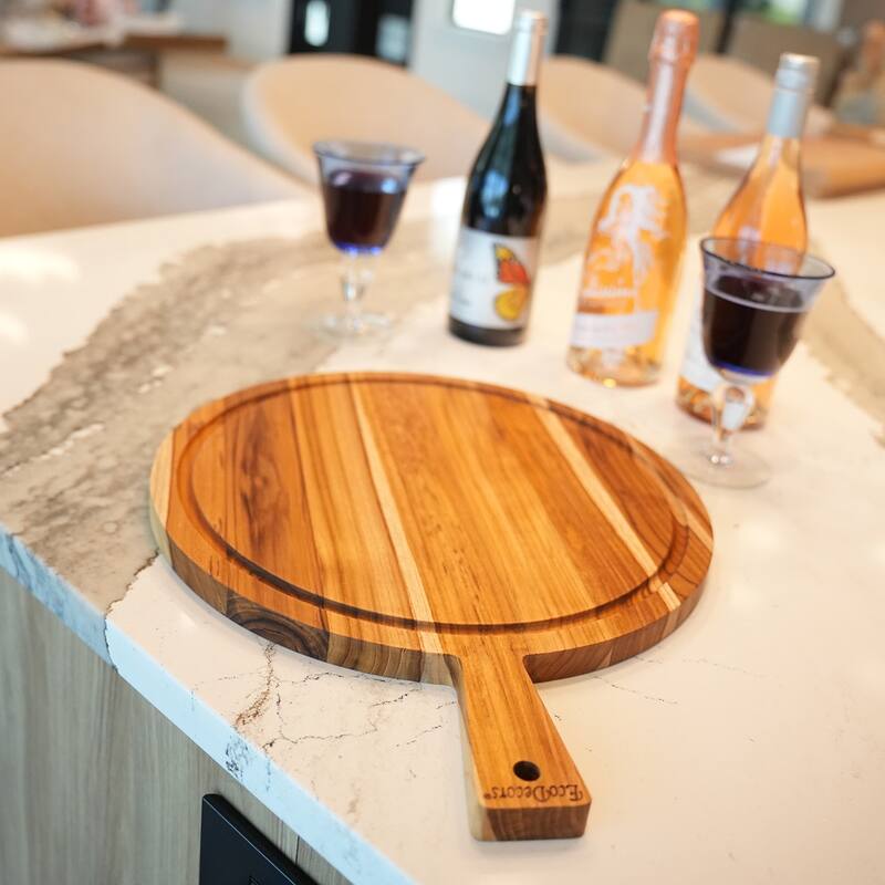 EcoDecors 18" Round Teak Cutting Board with Handle, 100% FSC Certified Solid Wood, Carving Board for Kitchen, Edge Grain