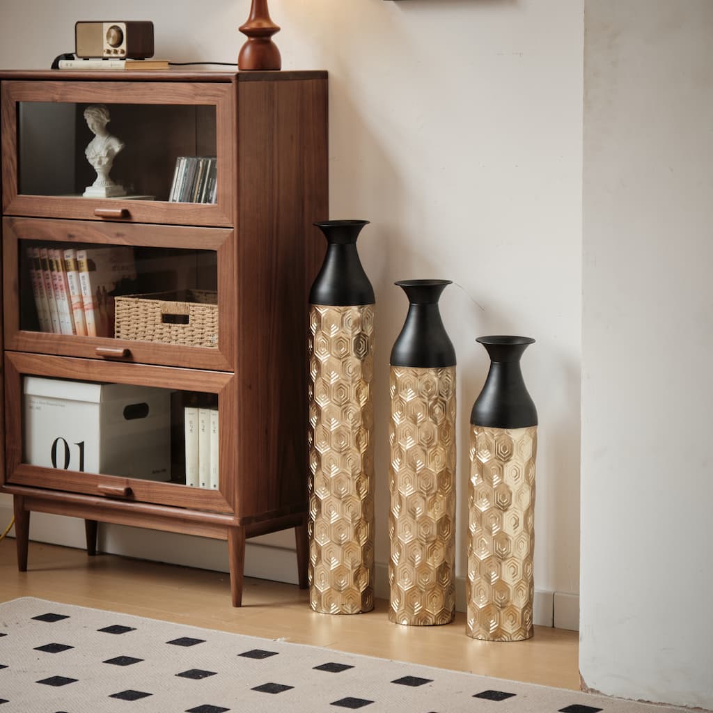 Large Glazed Vases Set of 3, Floor Metal Vase, Decorative Cylinder Vase