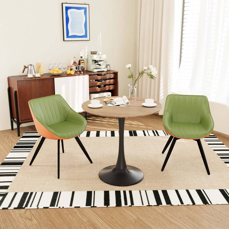 31.5 " MDF round dining table, tulip dining table, and 2 artificial leather decorative chairs with black metal legs
