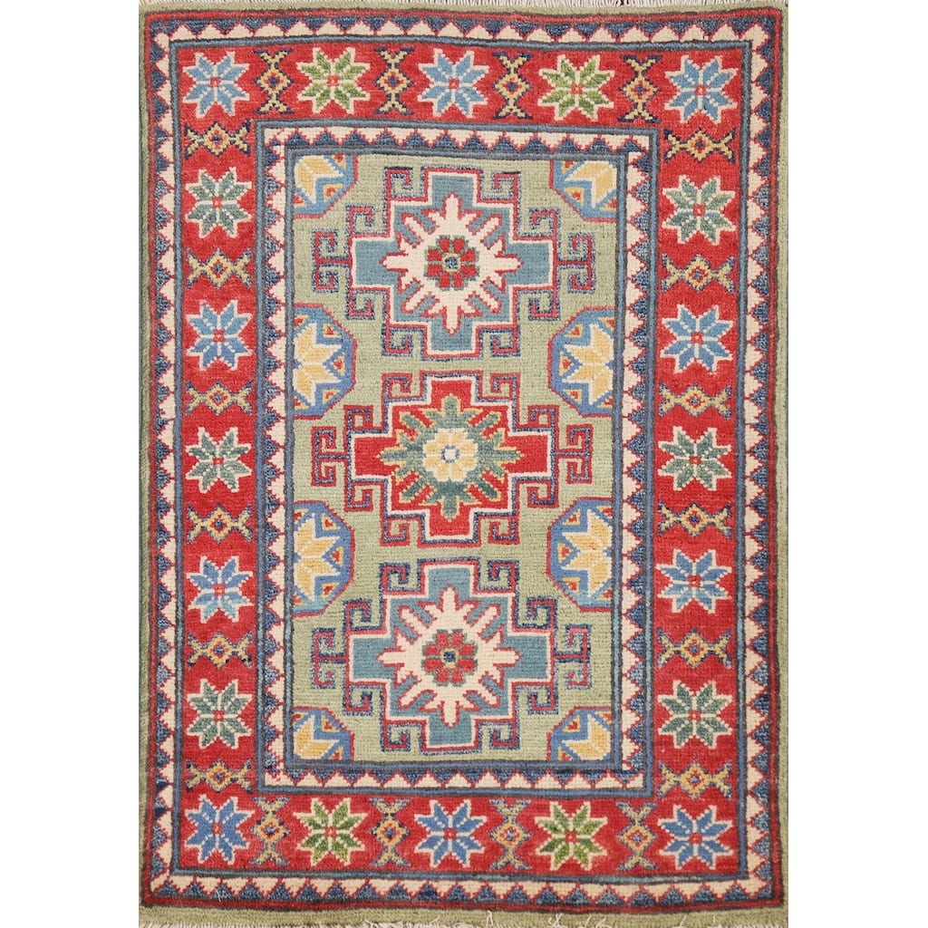 Green Red Kazak Oriental Rug Hand-Knotted Wool Carpet - 2'0" x 3'0"