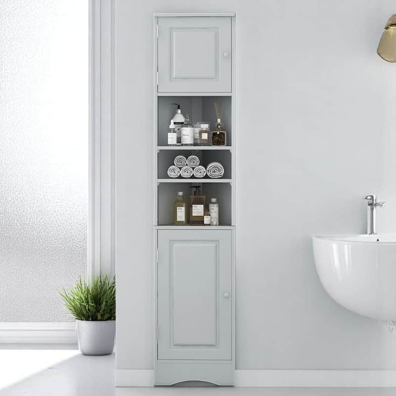 Triangle Corner Bathroom Cabinet with 2 Doors, Open Shelf, Adjustable Storage for Small Space - Grey