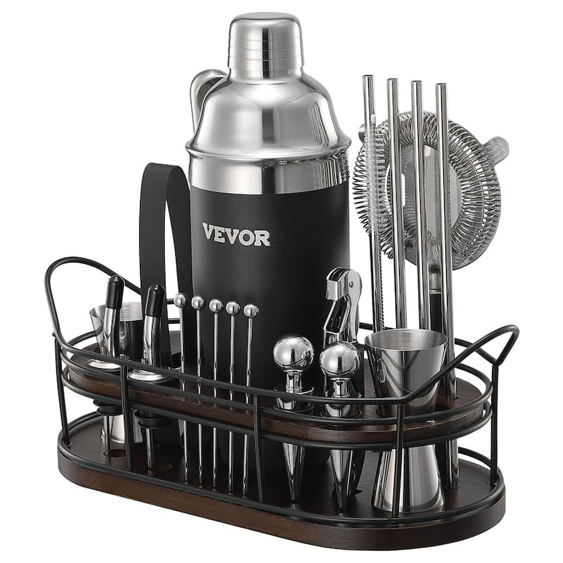 Complete 23-Piece Bartender Kit with Shaker, Strainer & Bar Tools Set - 12.01 x 5.12 x 9.65 in - Black-Silver