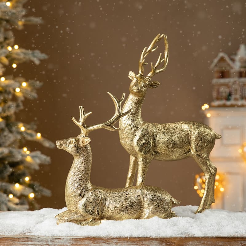 Glitzhome Resin Christmas Lying Standing Reindeer Figurines Xmas Table Decor Deer Statues