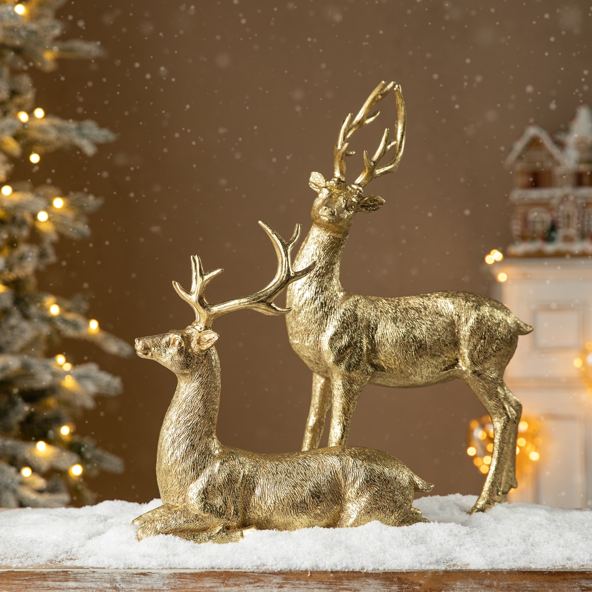 Glitzhome Christmas Lying Standing Reindeer Figurines Xmas Table Decor Deer Statues