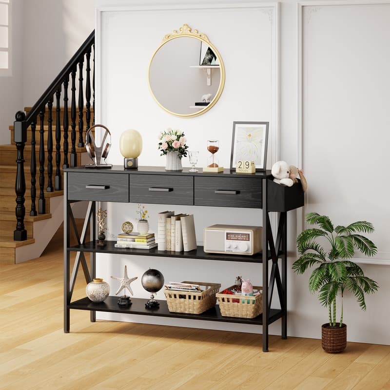 47" Console Table with 3 Tier Storage Shelves, Industrial Entryway Table with 3 Drawers