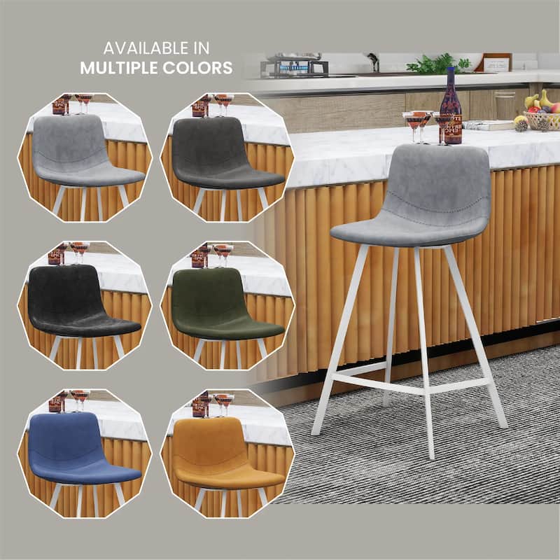 Elland Leather Bar Stool - Modern Counter Height Stool with White Stainless Steel Legs for Kitchen Island or Home Bar Set of 2