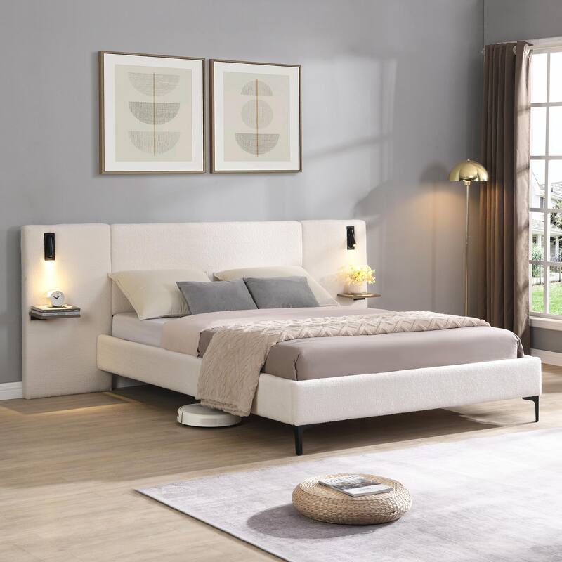 Chic Bouclé Upholstered Bed with Integrated Lighting and Shelves