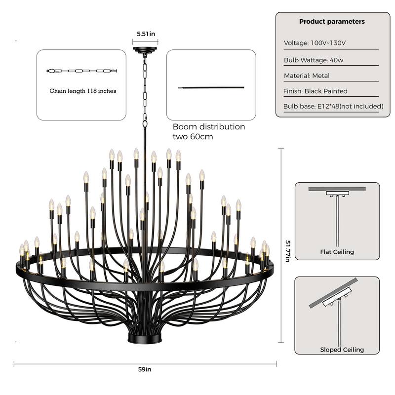 Rustic Industrial Farmhouse Chandelier - 48/96-Light Adjustable Black Candle Pendant Light for High Ceilings, Dining Room