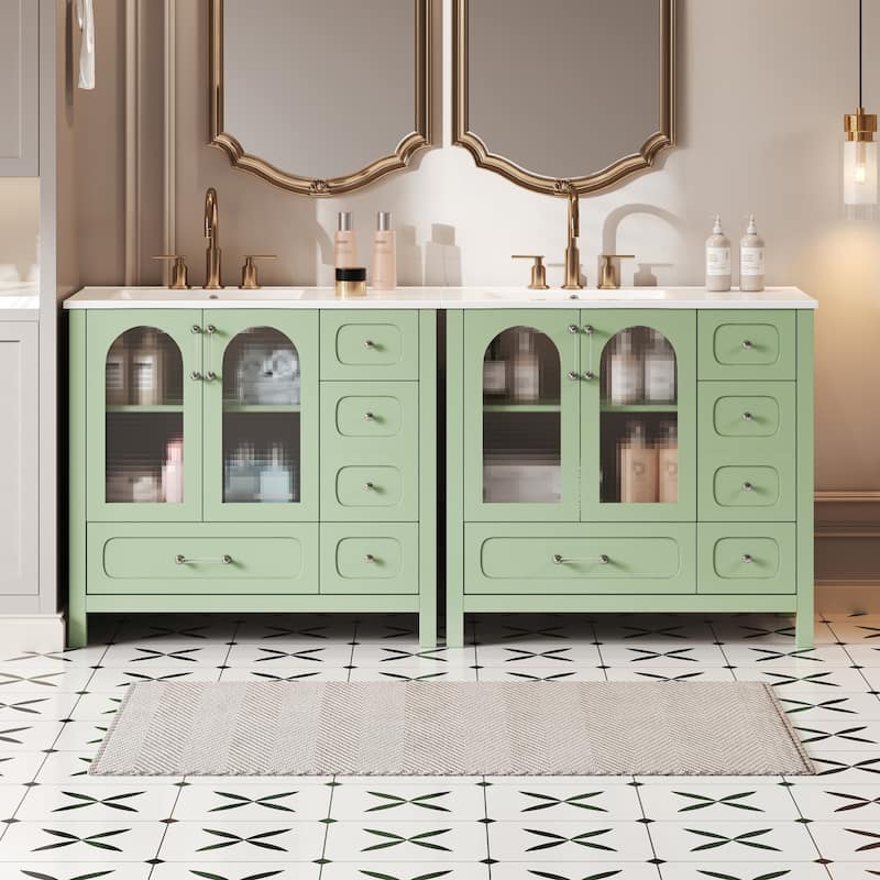 GDFStudio - Wesbridge Modern Double Sink Bathroom Vanity Set with 8 Drawers, 4 Soft-Closing Glass Doors - 72'W - Green